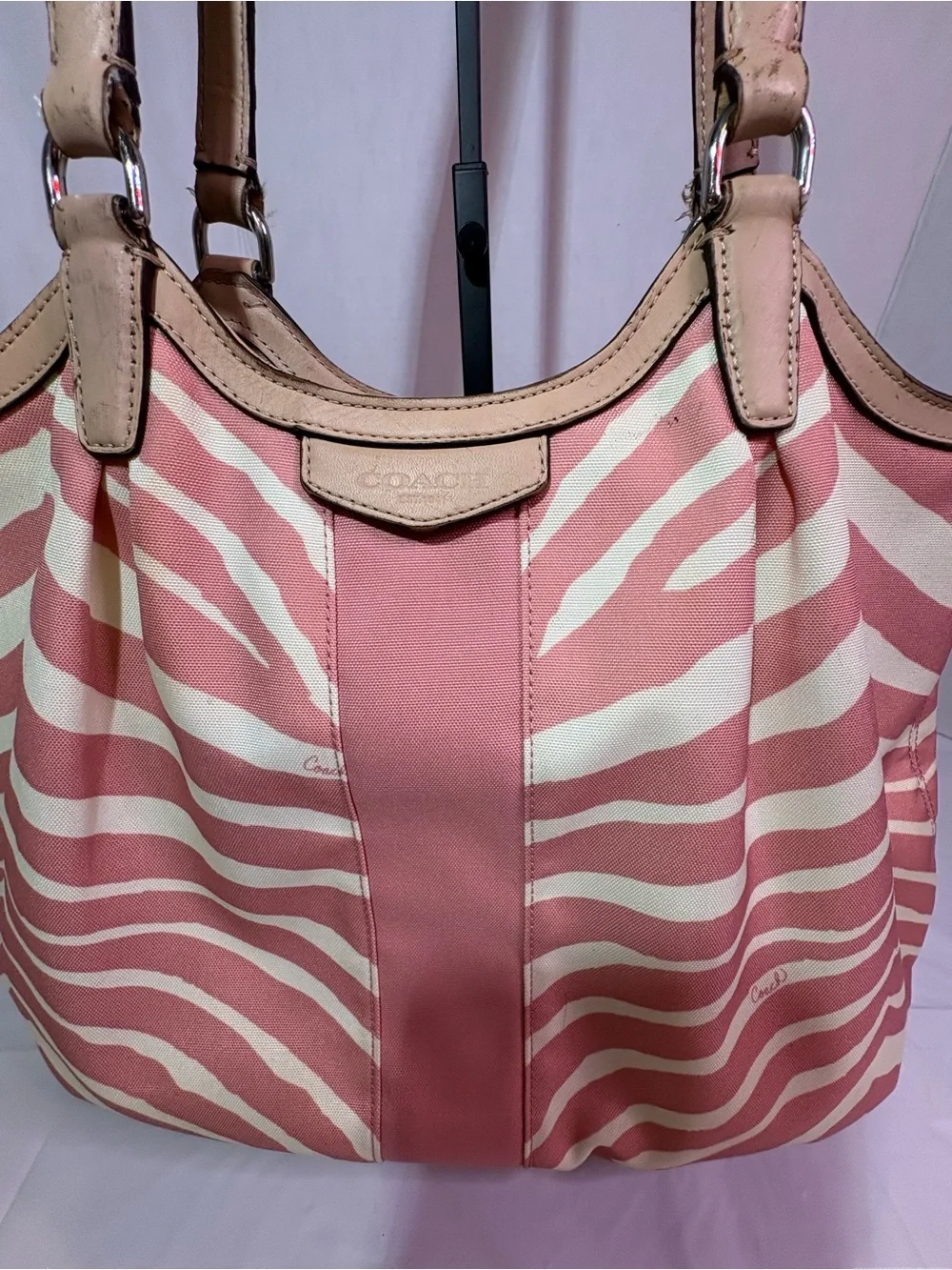 Coach Pink and Cream Zebra-Stripe Canvas Tote